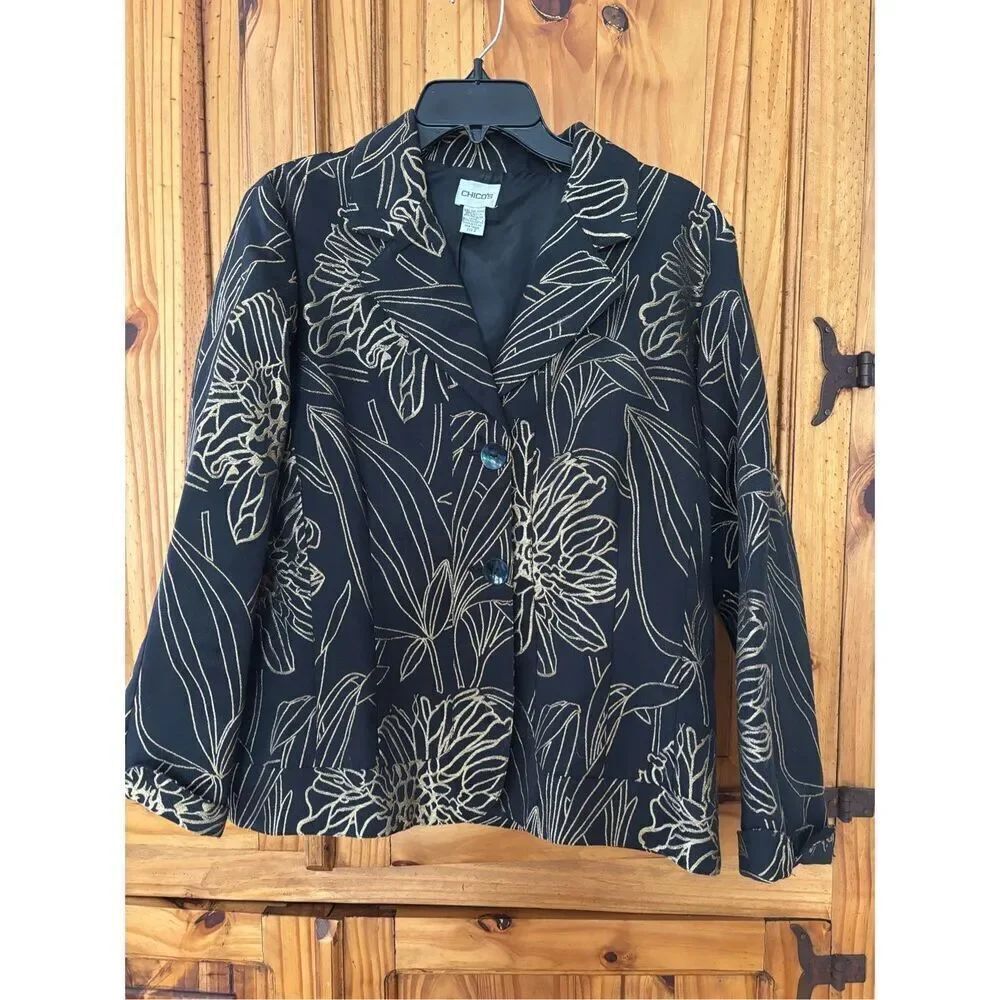 Chico’s Black and Gold Floral Print Blazer